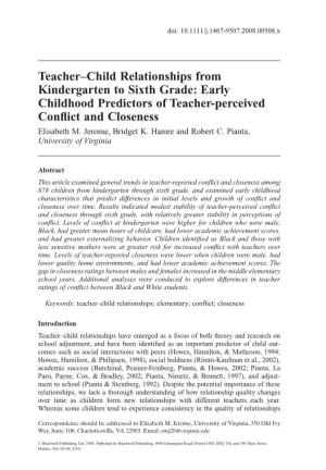 Teacher–Child Relationships from Kindergarten to Sixth Grade: Early Childhood Predictors of Teacher-Perceived
