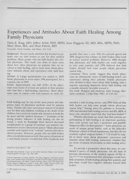 Experiences and Attitudes About Faith Healing Among Family Physicians Dana E