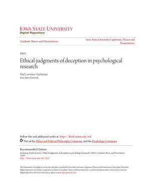 Ethical Judgments of Deception in Psychological Research Paul Lawrence Ascheman Iowa State University