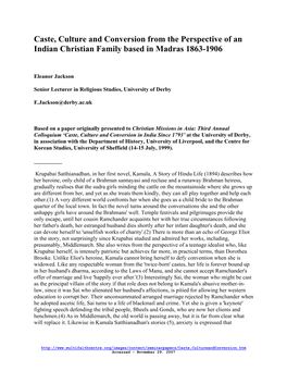 Caste, Culture and Conversion from the Perspective of an Indian Christian Family Based in Madras 1863-1906