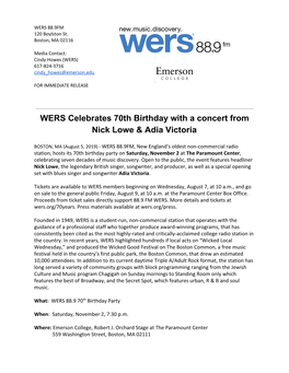 WERS Celebrates 70Th Birthday with a Concert from Nick Lowe & Adia
