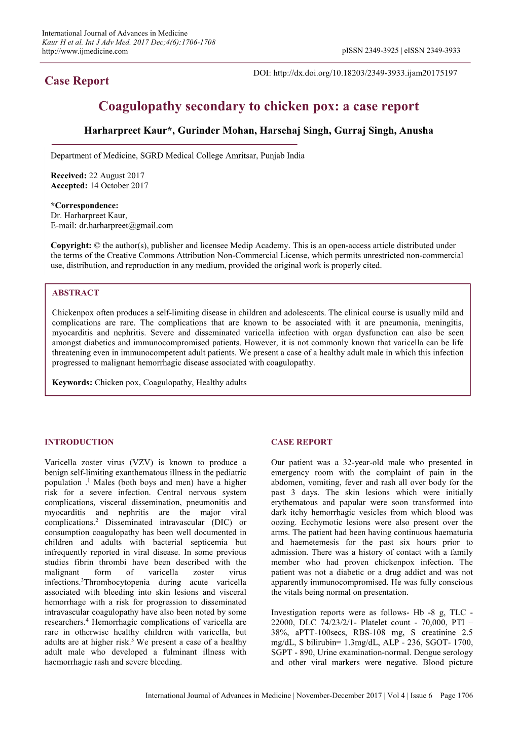 Coagulopathy Secondary to Chicken Pox: a Case Report