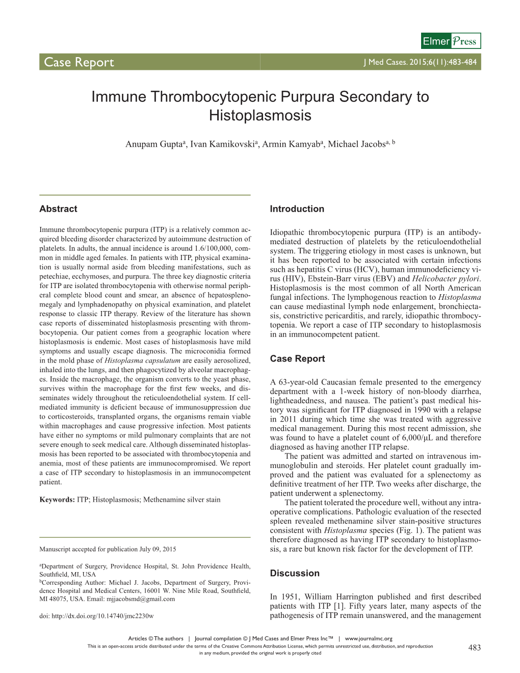 Immune Thrombocytopenic Purpura Secondary to Histoplasmosis