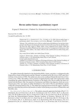 Rovno Amber Fauna: a Preliminary Report