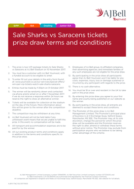 Sale Sharks Vs Saracens Tickets Prize Draw Terms and Conditions