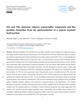 SO2 and NH3 Emissions Enhance Organosulfur Compounds and Fine Particles Formation from the Photooxidation of a Typical Aromatic Hydrocarbon