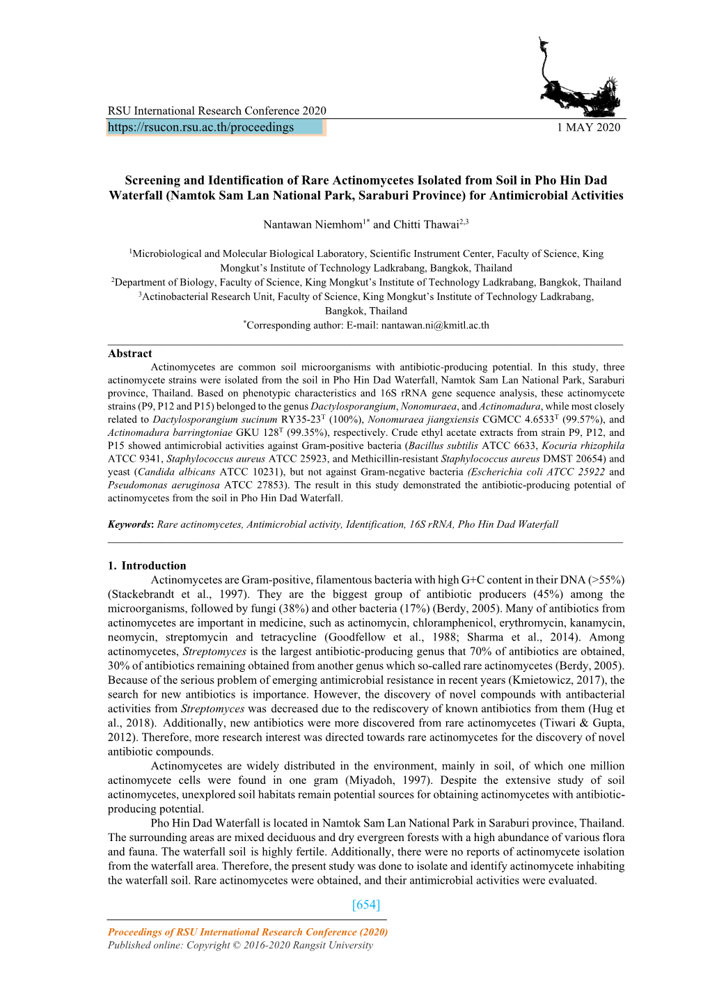 [654] Screening and Identification of Rare Actinomycetes Isolated from Soil in Pho Hin