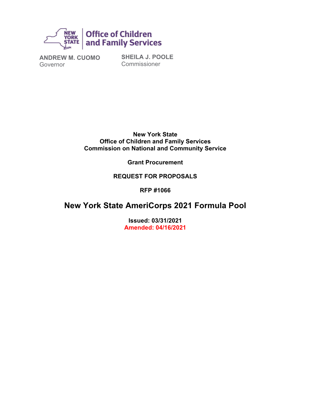 New York State Americorps 2021 Formula Pool