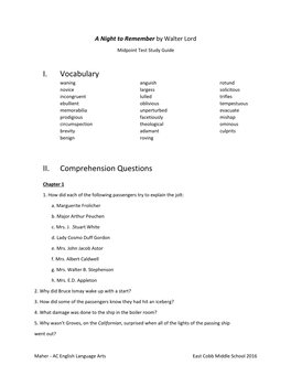 I. Vocabulary II. Comprehension Questions