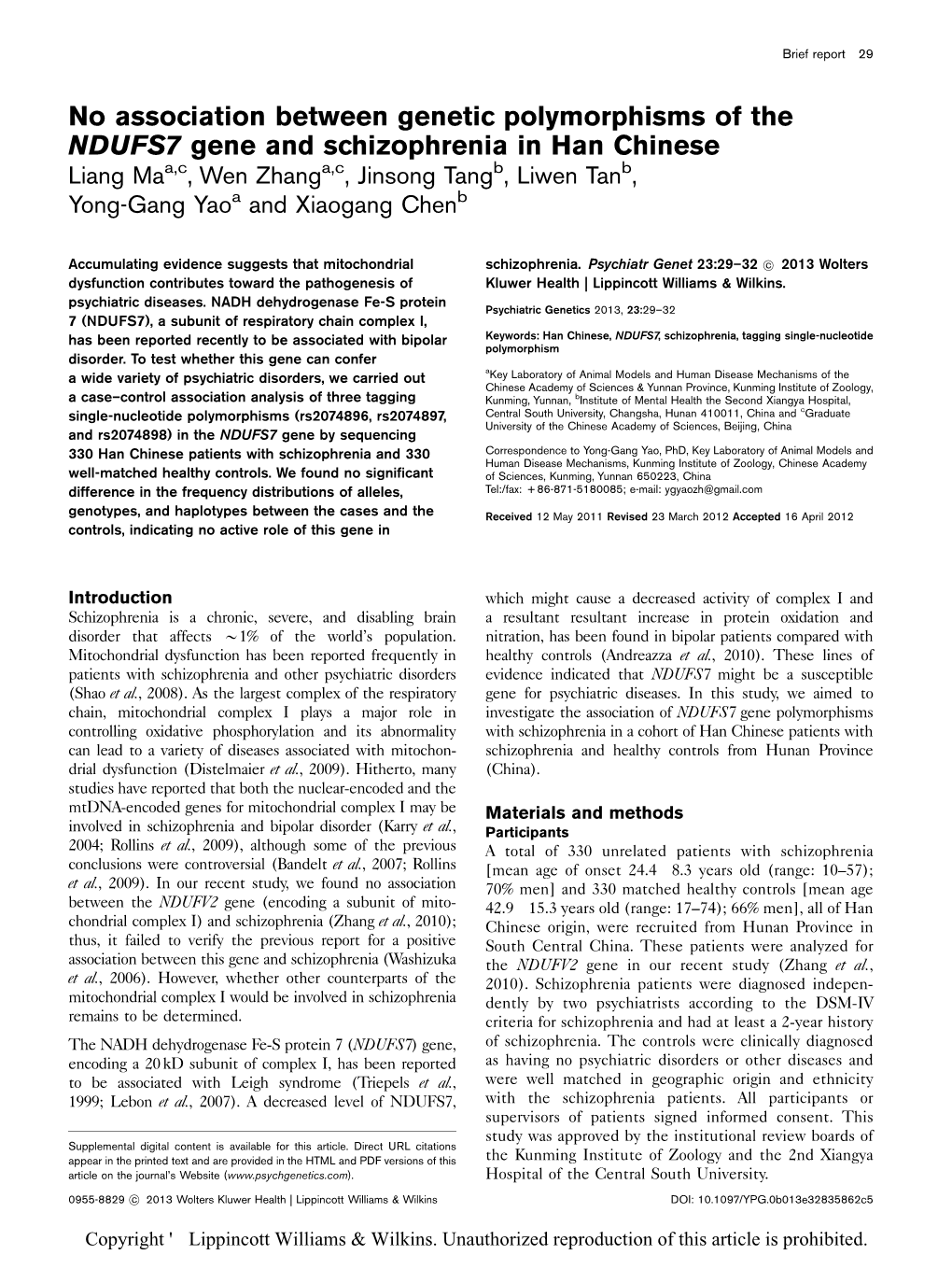 No Association Between Genetic Polymorphisms of the NDUFS7