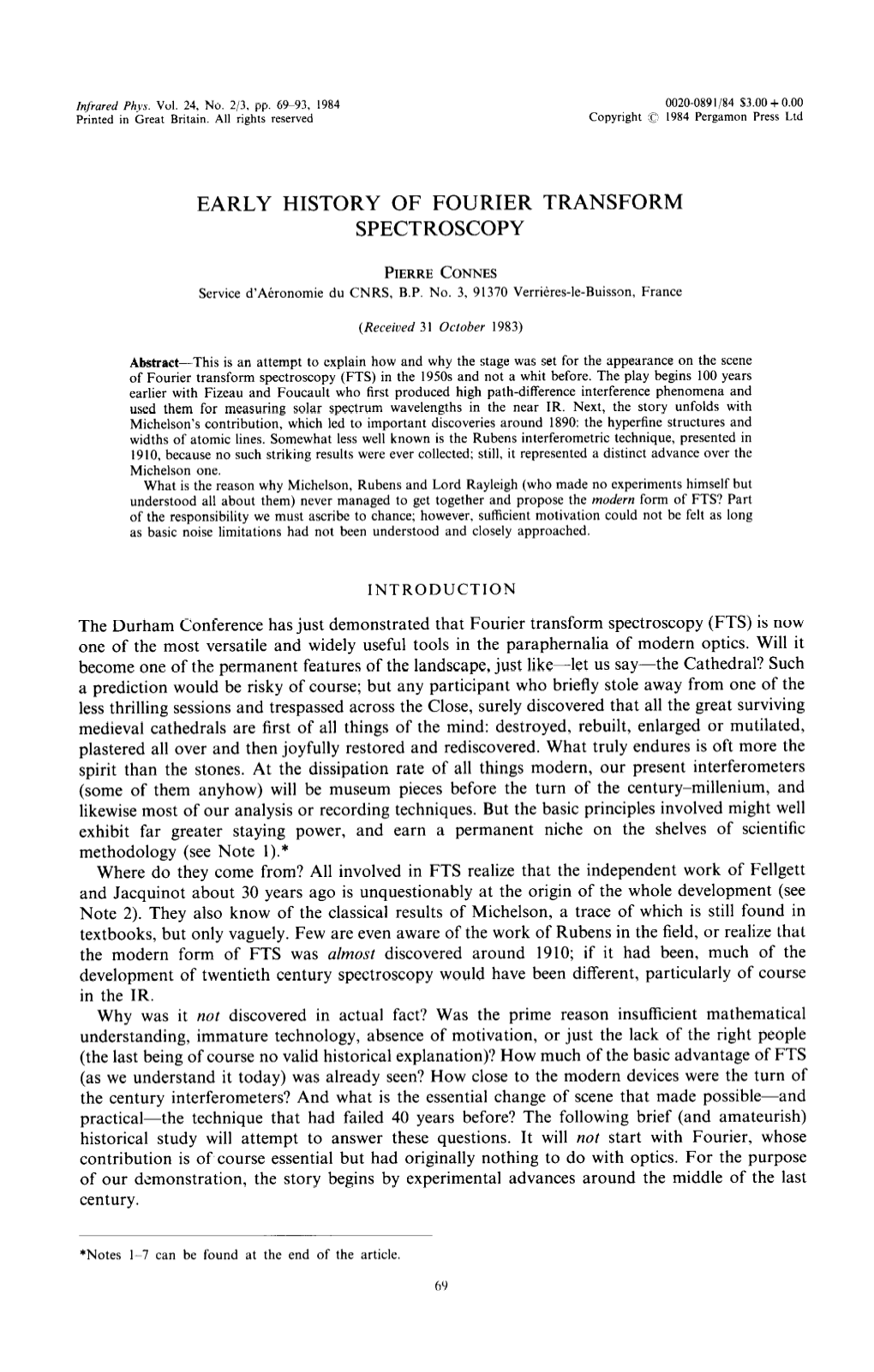 Early History of Fourier Transform Spectroscopy