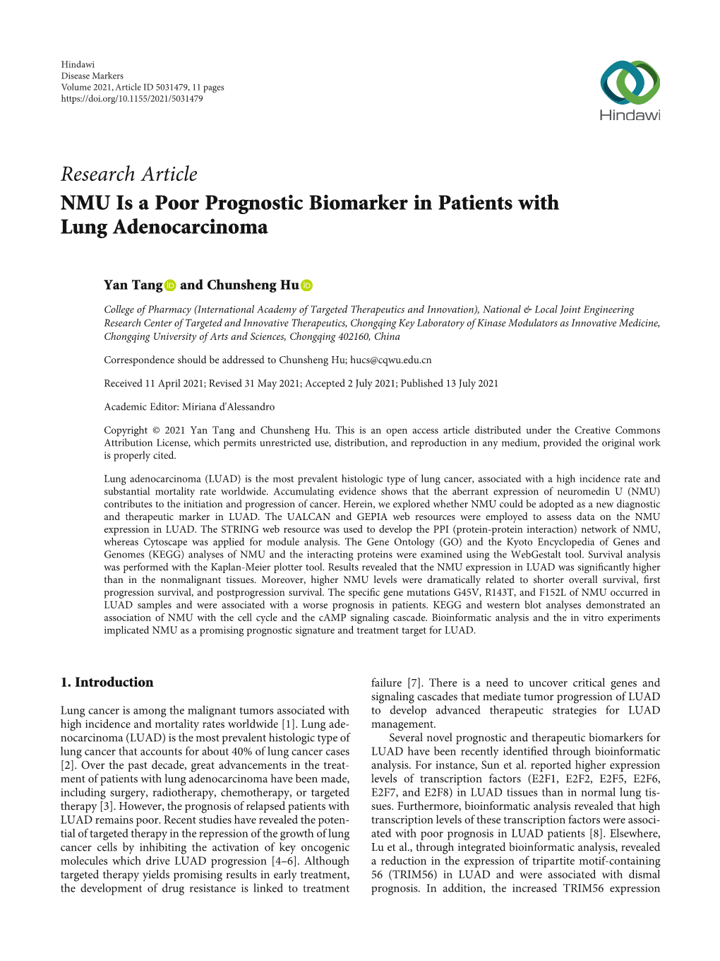 NMU Is a Poor Prognostic Biomarker in Patients with Lung Adenocarcinoma