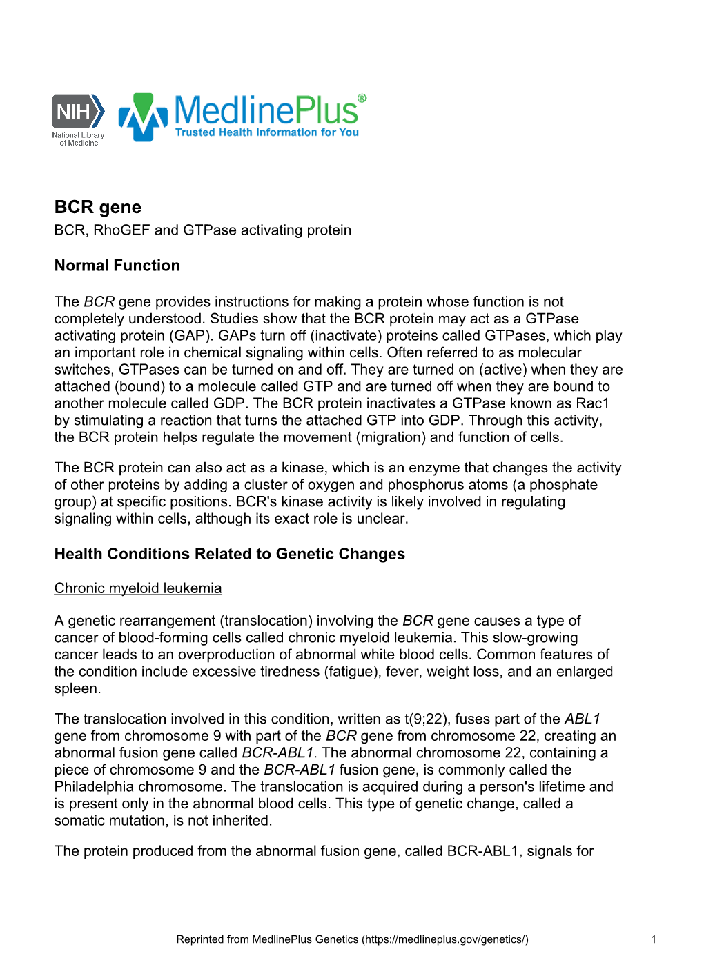 BCR Gene BCR, Rhogef and Gtpase Activating Protein