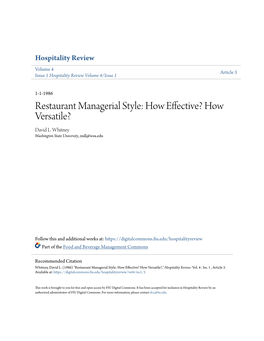 Restaurant Managerial Style: How Effective? How Versatile? David L