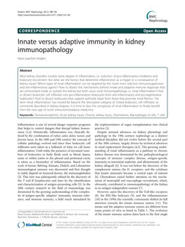 Innate Versus Adaptive Immunity in Kidney Immunopathology Hans-Joachim Anders
