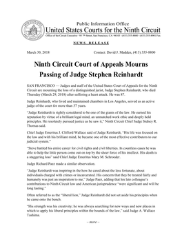 Ninth Circuit Court of Appeals Mourns Passing of Judge Stephen Reinhardt