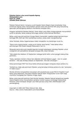 Pakatan Belum Utus Surat Kepada Agong Malaysiakini.Com Sept 23, 2008 Jimadie Shah Othman