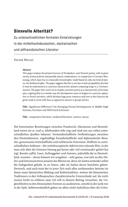 Sinnvolle Alterität? Zu Unterschiedlichen Formalen Entwicklungen in Der Mittelhochdeutschen, Okzitanischen Und Altfranzösischen Literatur