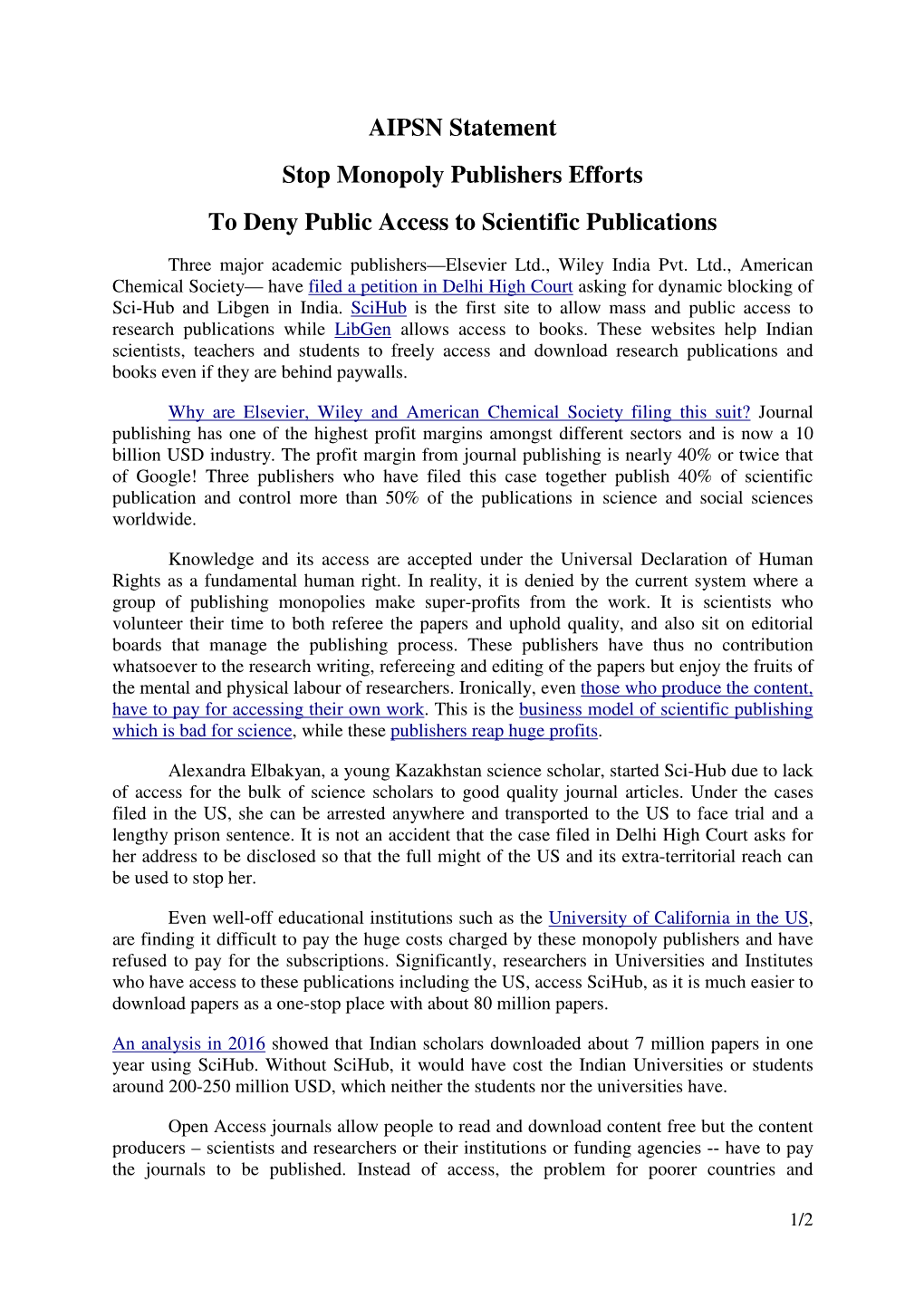 AIPSN Statement Stop Monopoly Publishers Efforts to Deny Public Access to Scientific Publications