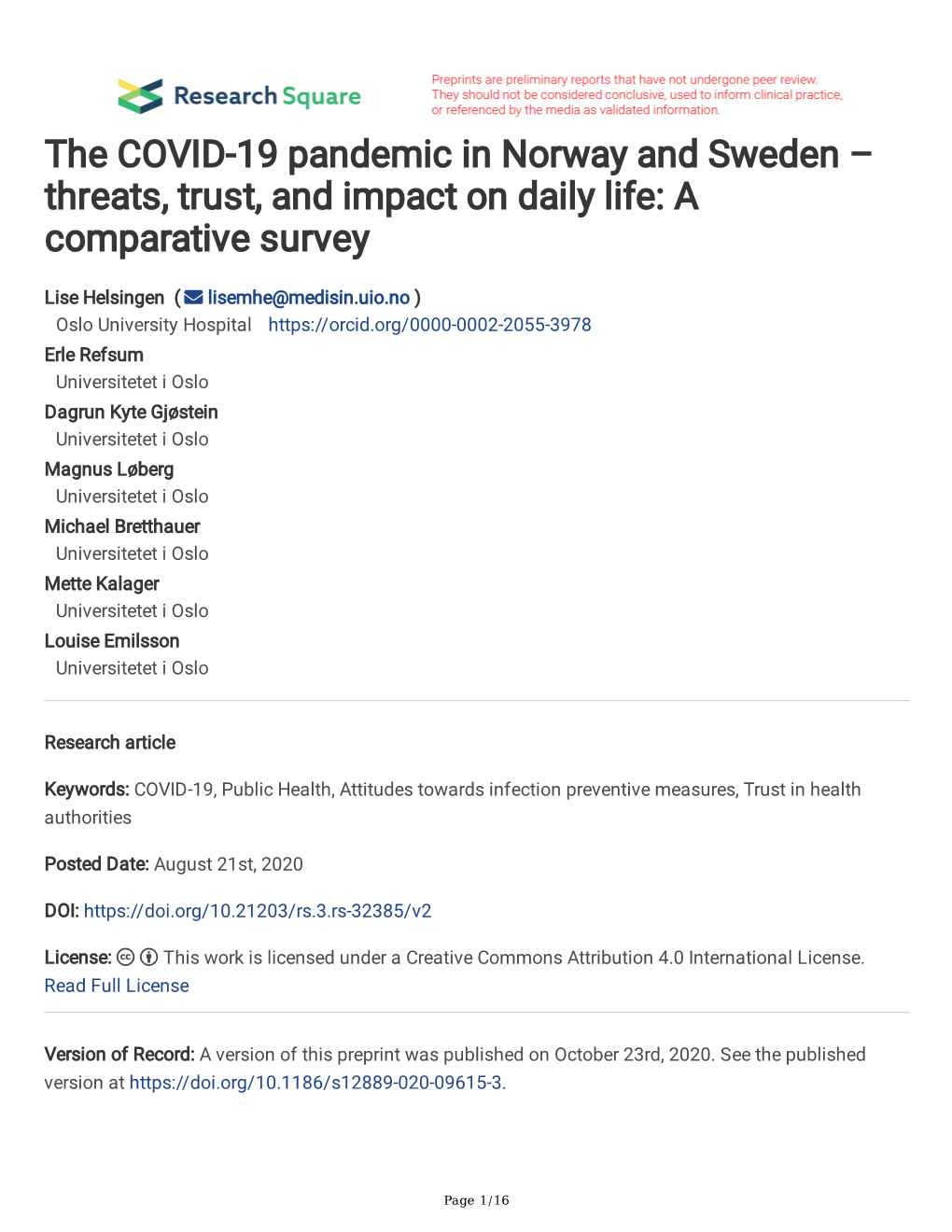 The COVID-19 Pandemic in Norway and Sweden – Threats, Trust, and Impact on Daily Life: a Comparative Survey