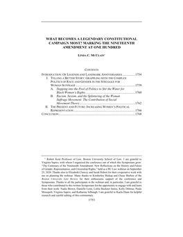 What Becomes a Legendary Constitutional Campaign Most? Marking the Nineteenth Amendment at One Hundred