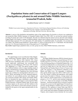 Population Status and Conservation of Capped Langurs (Trachypithecus Pileatus) in and Around Pakke Wildlife Sanctuary, Arunachal Pradesh, India