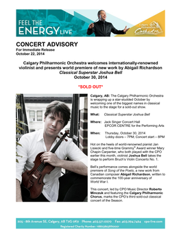 CONCERT ADVISORY for Immediate Release October 22, 2014