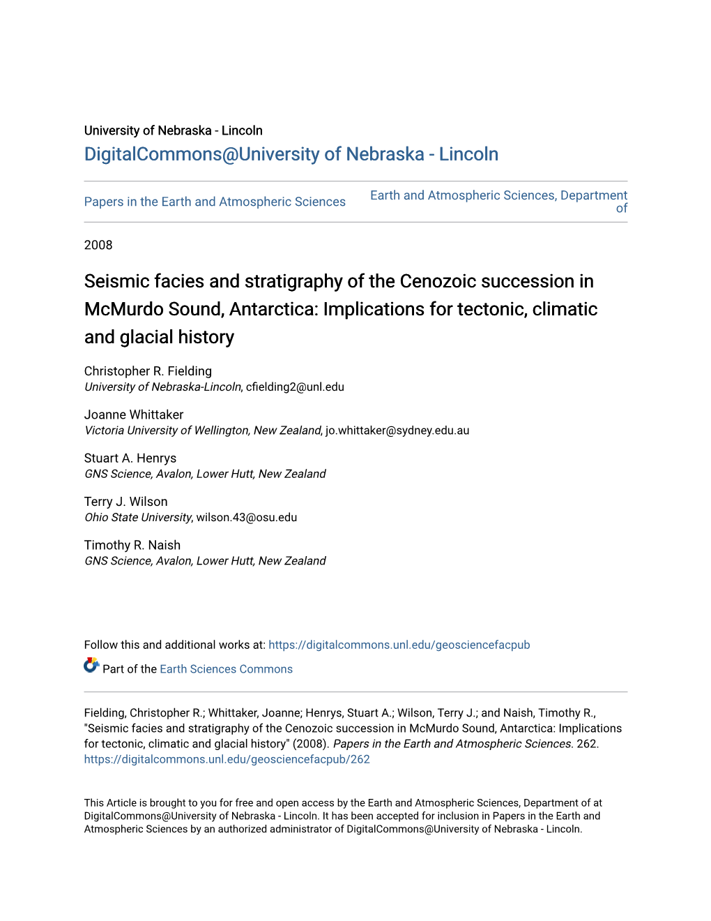 Seismic Facies and Stratigraphy of the Cenozoic Succession in Mcmurdo Sound, Antarctica: Implications for Tectonic, Climatic and Glacial History