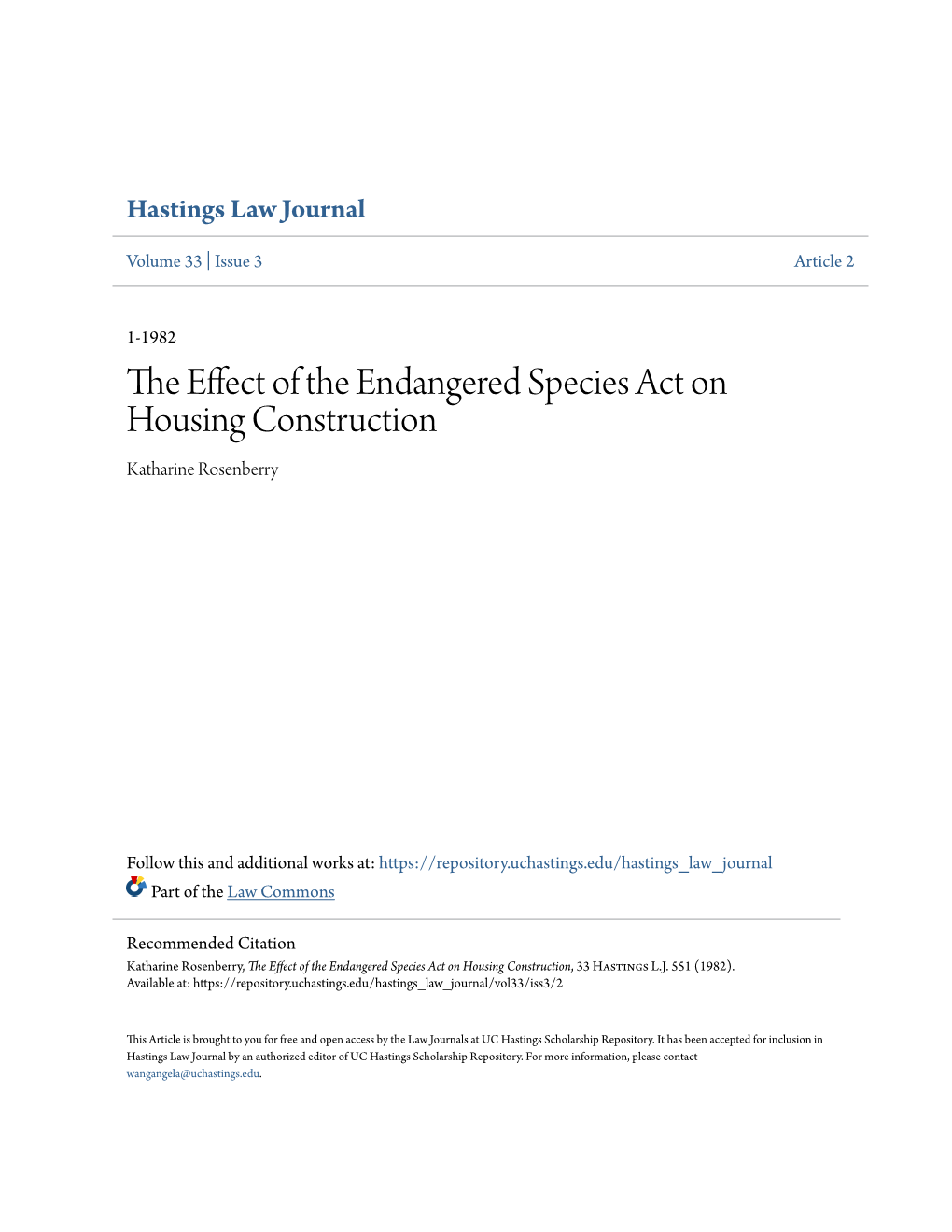 The Effect of the Endangered Species Act on Housing Construction, 33 Hastings L.J