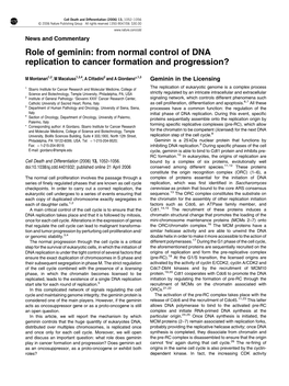 Role of Geminin: from Normal Control of DNA Replication to Cancer Formation and Progression?