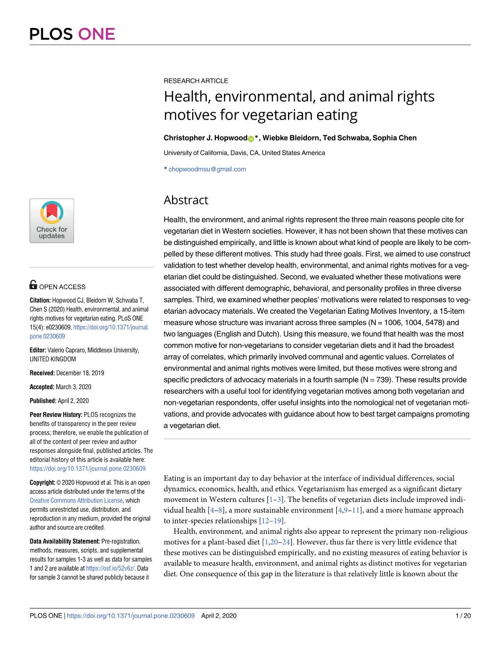 Health, Environmental, and Animal Rights Motives for Vegetarian Eating