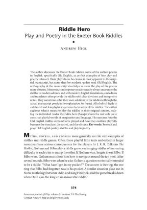 Riddle Hero Play and Poetry in the Exeter Book Riddles • Andrew Higl
