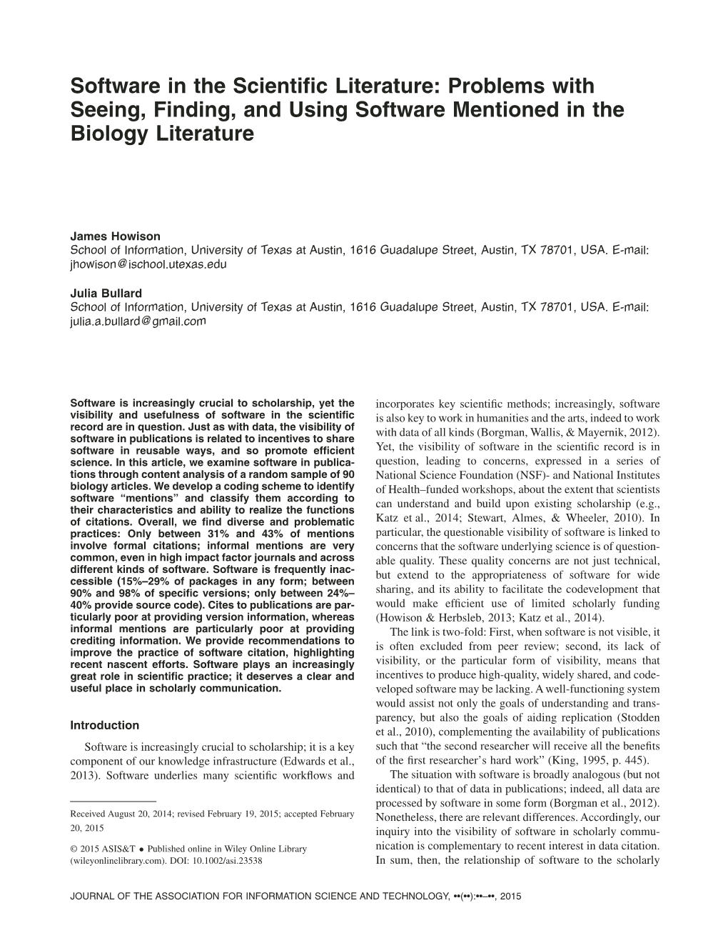 Software in the Scientific Literature: Problems with Seeing, Finding, And