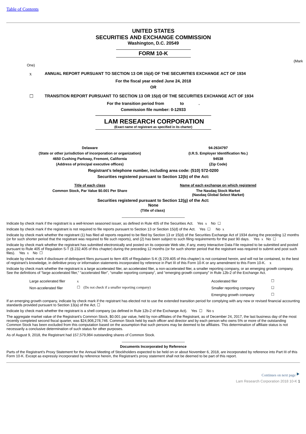 LAM RESEARCH CORPORATION (Exact Name of Registrant As Specified in Its Charter)