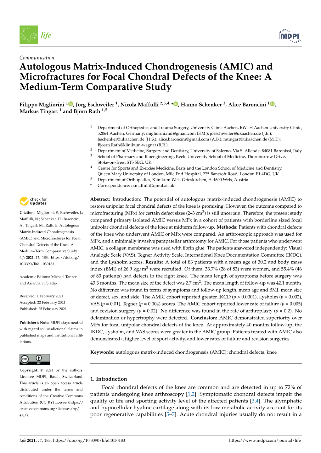 (AMIC) and Microfractures for Focal Chondral Defects of the Knee: a Medium-Term Comparative Study