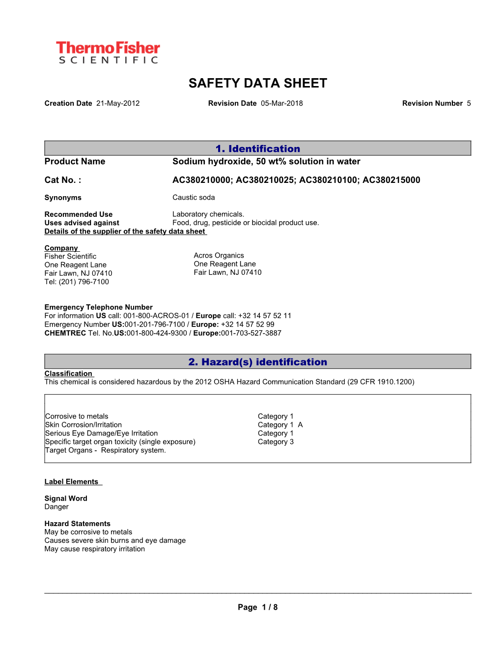 Sodium Hydroxide, 50 Wt% Solution in Water