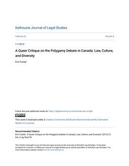 A Queer Critique on the Polygamy Debate in Canada: Law, Culture, and Diversity
