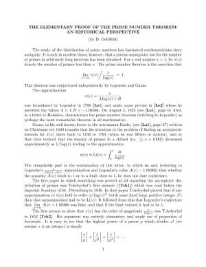 THE ELEMENTARY PROOF of the PRIME NUMBER THEOREM: an HISTORICAL PERSPECTIVE (By D