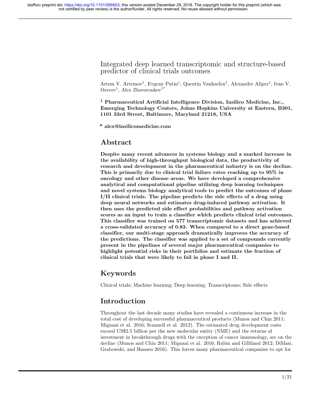 Integrated Deep Learned Transcriptomic and Structure-Based Predictor of Clinical Trials Outcomes