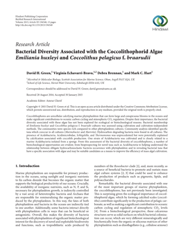 Bacterial Diversity Associated with the Coccolithophorid Algae Emiliania Huxleyi and Coccolithus Pelagicus F