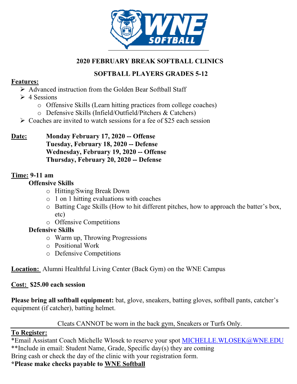 2020 February Break Softball Clinics Softball Players