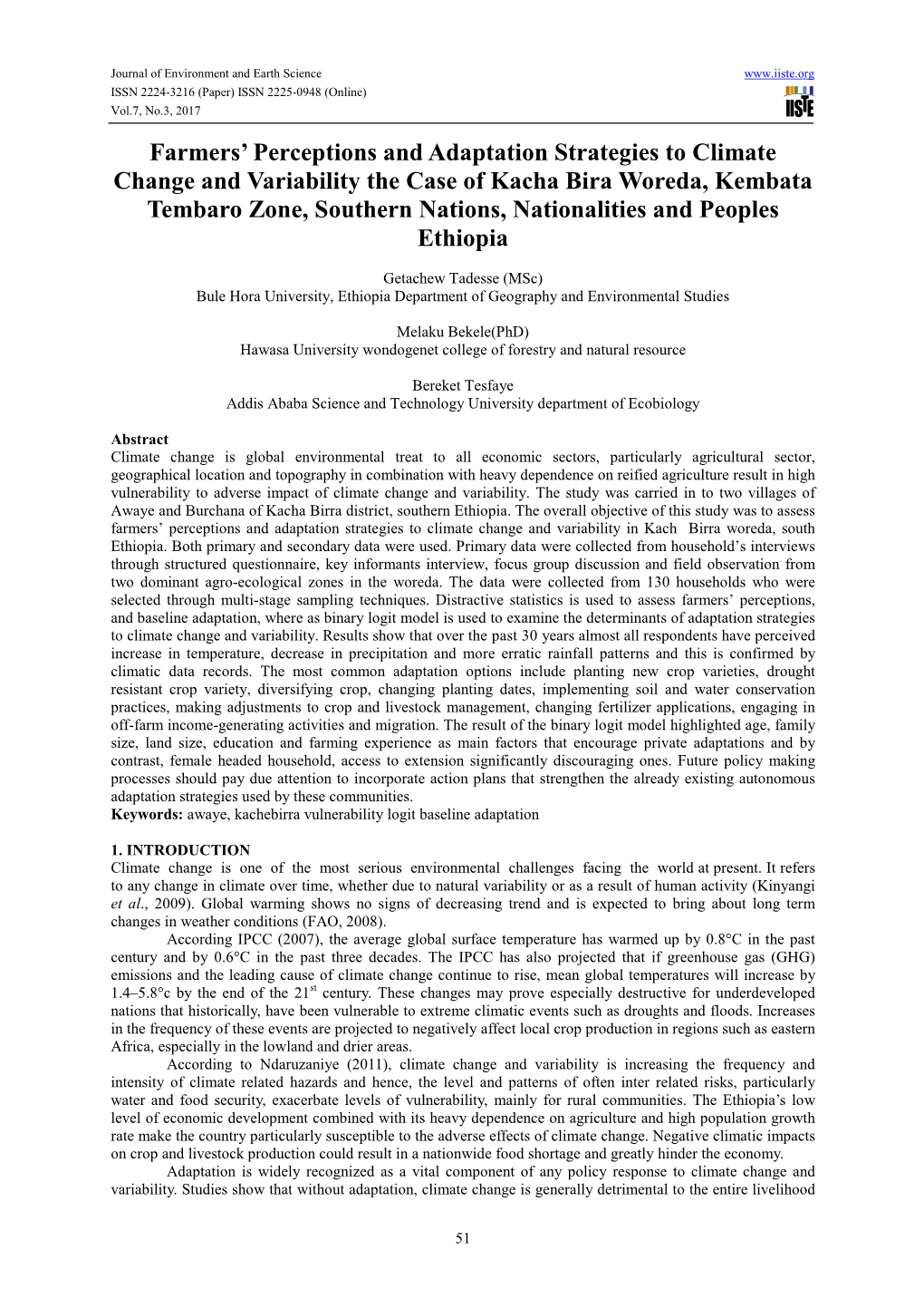 Farmers' Perceptions and Adaptation Strategies to Climate Change And