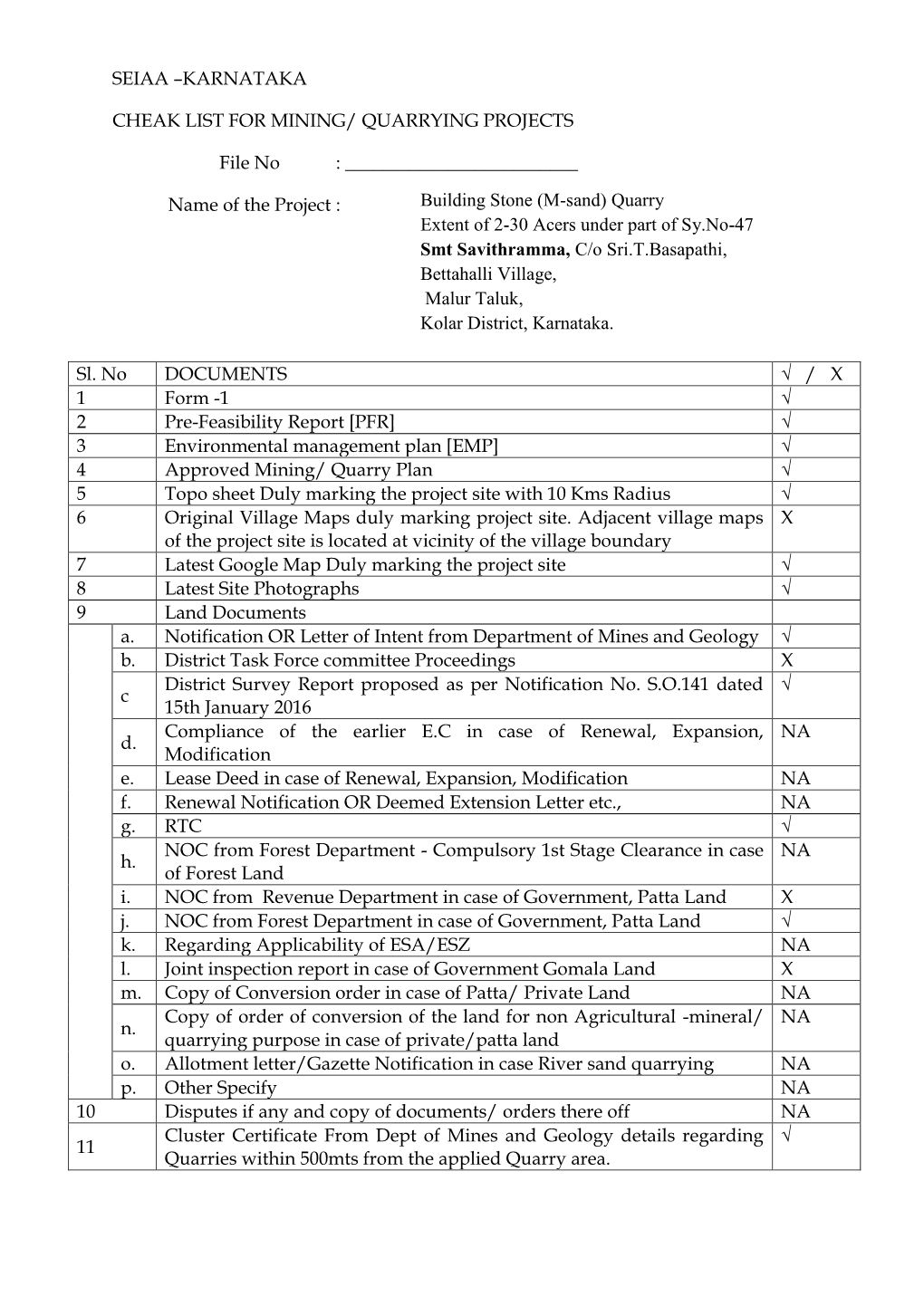 Karnataka Cheak List for Mining