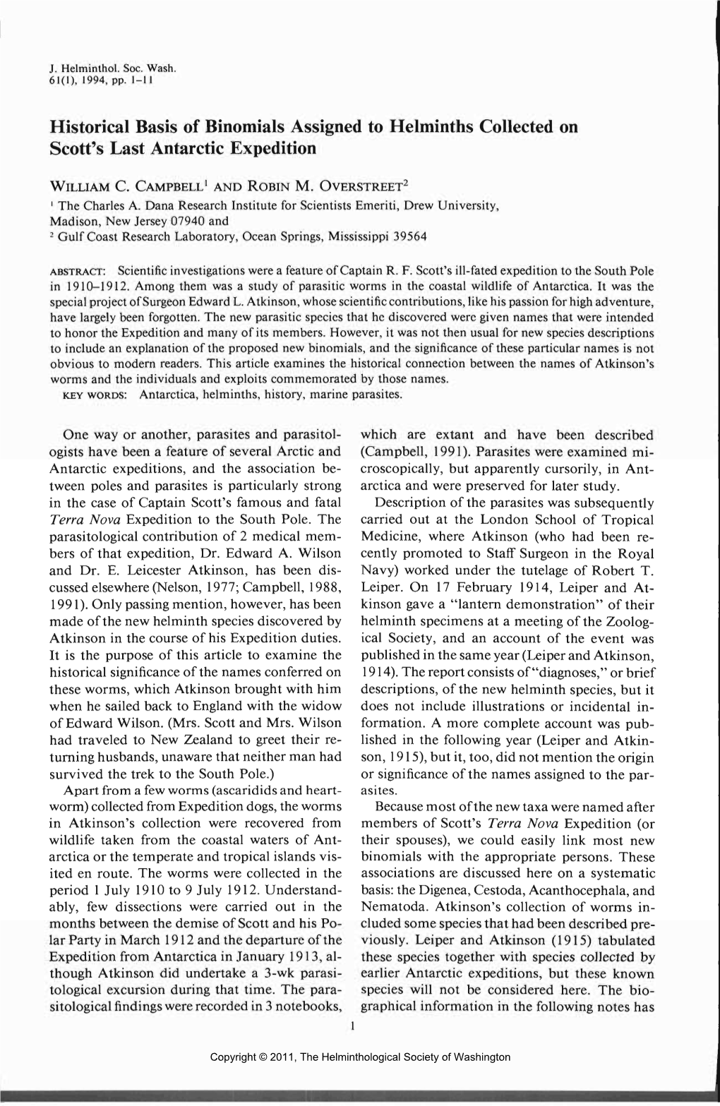 Historical Basis of Binomials Assigned to Helminths Collected on Scott's Last Antarctic Expedition