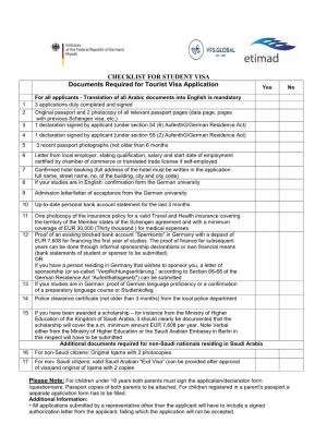 CHECKLIST for STUDENT VISA Documents Required for Tourist Visa Application Yes No