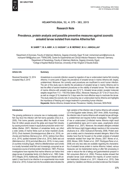 Research Note Prevalence, Protein Analysis and Possible Preventive Measures Against Zoonotic Anisakid Larvae Isolated from Marin