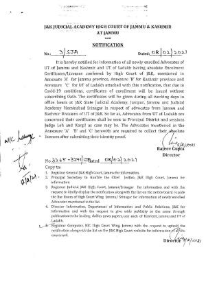 Notification Regarding All Newly Enrolled Advocates of UT of Jammu