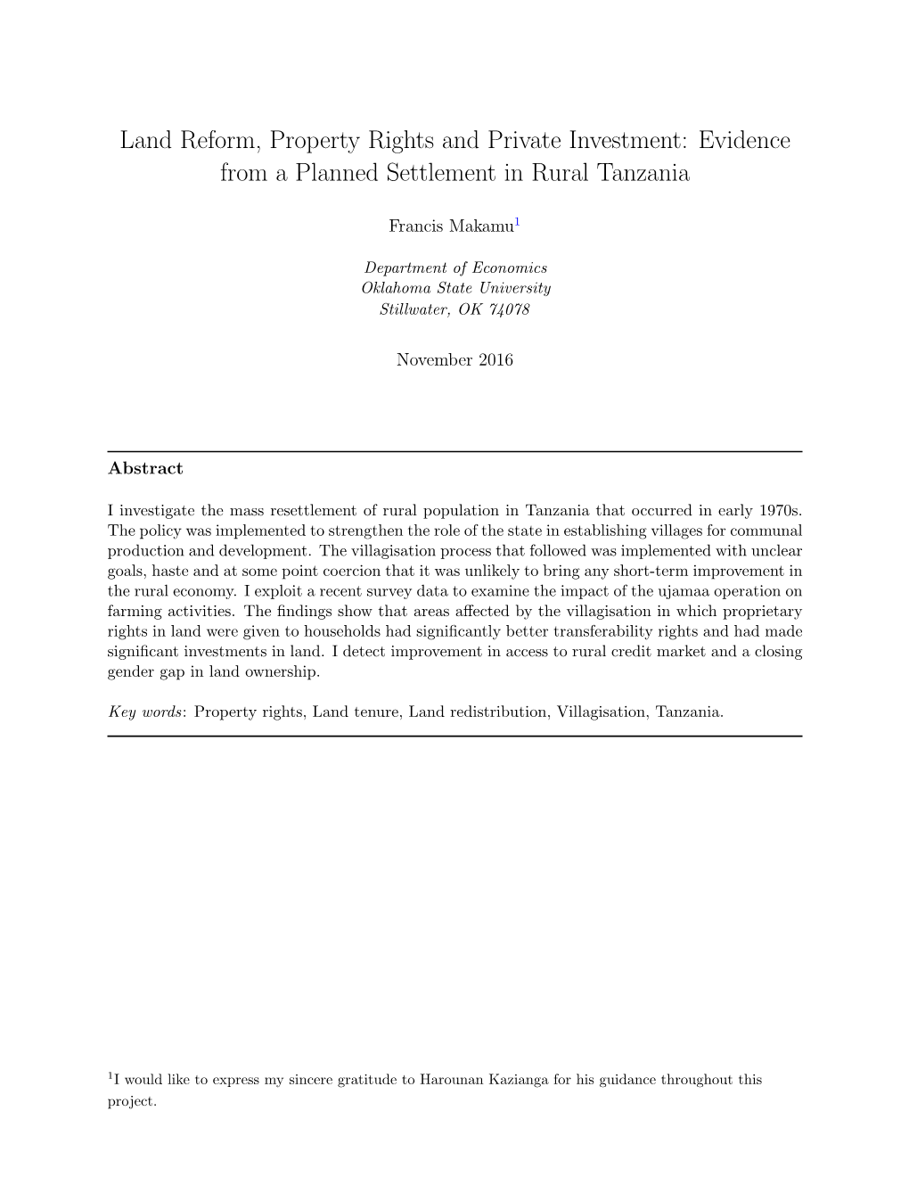 Land Reform, Property Rights and Private Investment: Evidence from a Planned Settlement in Rural Tanzania