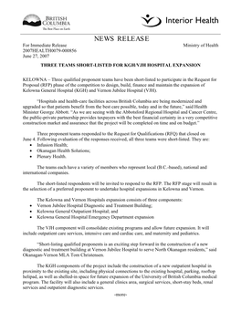 NEWS RELEASE for Immediate Release Ministry of Health 2007HEALTH0079-000856 June 27, 2007