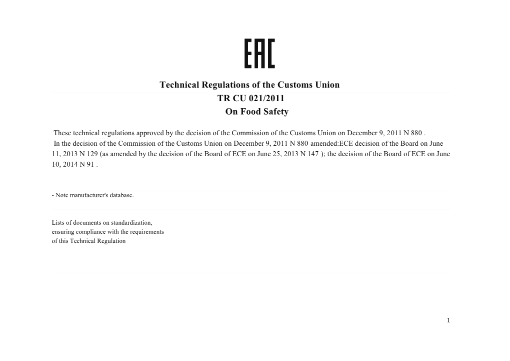 Technical Regulations of the Customs Union TR CU 021/2011 on Food Safety